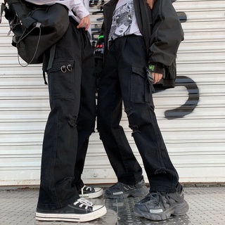 [envío inmediatamente] coreano recto jeans desgastados moda hombres y mujeres oscuro ropa de trabajo pantalones casuales