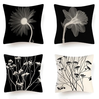 plantas flores funda de almohada de algodón lino negro blanco sofá manta almohada pqmx
