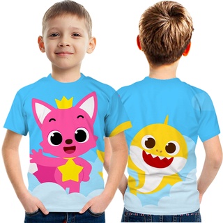 Niños PINKFONG Y Bebé Tiburón Patrón Impreso Camiseta De Dibujos Animados Lindo Niño Y Niña Camisa De Verano