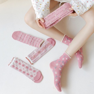 1 par de estilo coreano de las mujeres de algodón liso calcetines de encaje calcetines de las mujeres calcetines largos de color rosa (5)