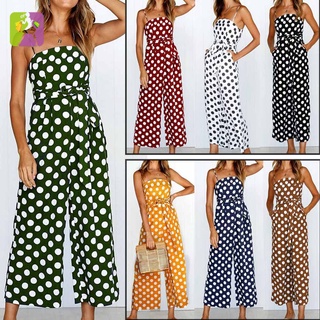 Womens Strappy Holiday Playsuit Ladies Jumpsuit Beach Dot Printed Wide Leg for Summer