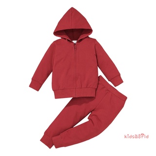 KidsW-Baby Tops, Pants Suit, Hooded Zipper Long Sleeve Solid Color Warm Loose