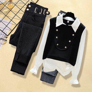 Dos piezas temperamento chaleco camisa 2021 nuevo estilo occidental jeans bomba calle moda traje profesional femenino primavera (1)