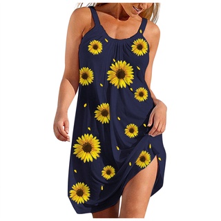 Fashion Women's Casual Sleeveless Tank Top Sunflower Printed Knee Length Dress (3)