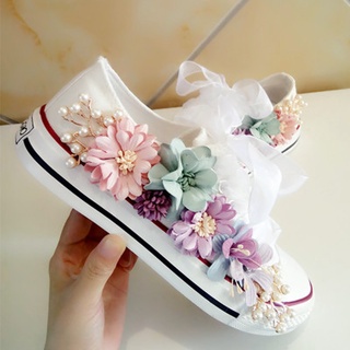 Sneakers Wedges Canvas shoes Women's casual shoes Women's handmade custom Three-dimensional sequins Flowers White Flat