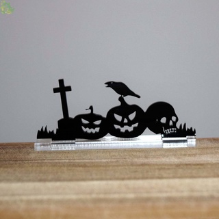 Decoración acrílica De Halloween calabaza calavera Cruz mono Ornamento con Base temática De estatua Festival Para escritorio estante De coche negro (3)