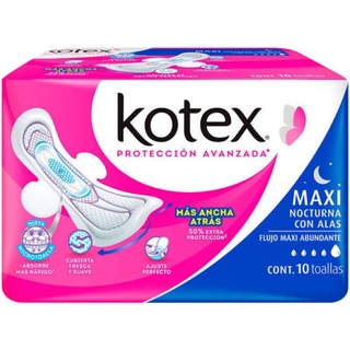 Kotex toallas íntimas maxi nocturna con alas 10 piezas para flujo maxi abundante extra largas más ancha atras