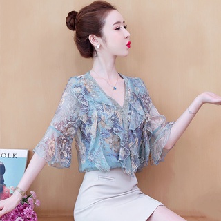 Nueva Camisa De Gasa Con Volantes Diamante De Las Mujeres Verano 2021 Nuevo V-Cuello Floral Versión Coreana Suelta Todo-Partido Estilo Occidental Top Moda