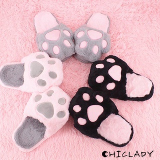 [Chiclady] cómodo y cálido de dibujos animados de garra de gato zapatillas de felpa y caliente lindo niñas pisos