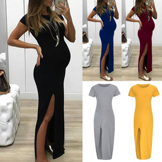 Fashion Women Solid Short Sleeve Bodycon Open Fork Pregnancy Maternity Dress