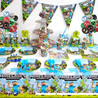 Minecraft MC Theme Party Decoration Kids Baby Birthday Party Disposable Tableware Banner Cake topper Tablecloth Hat Paper Plate