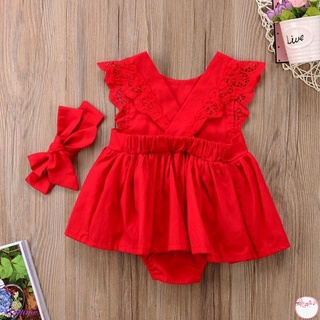 Bodysuit Dress Sleeveless Baby Girls Cotton Lace Jumpsuit Bow Hair Band Red