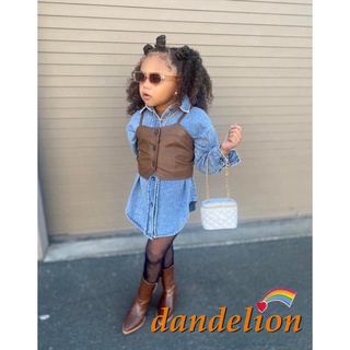 DANDELION-Baby Girls Denim Dress Set Solid Color Long Sleeves Button Down Shirt Dress (2)