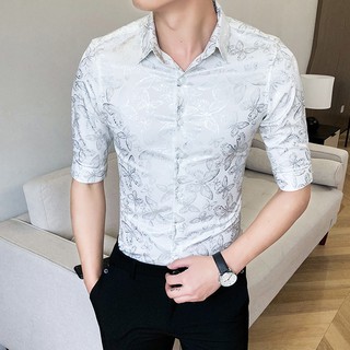 Manga corta floral camisa casual estilo coreano moda guapo mariposa caliente estampado slim-fit camisa de los hombres, guapo personalidad manga camisa