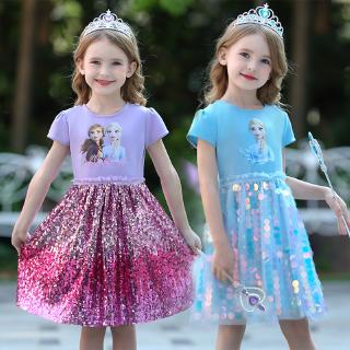 Verano 2020 Niñas Azul Princesa Elsa Vestido Empalme Lentejuelas Super Hadas Niños Bebé Manga Corta De Malla