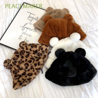 PEACEMAKER Dulce Sombreros de cubo Grueso Felpa Sombrero de lavabo Leopardo coreano Otoño invierno Orejas de oso Mujer Muchachas Sombrero de pescador/Multicolor