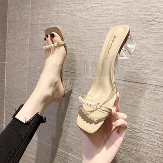 Perla retro cristal tacones altos 2021 verano nuevo estilo moda coreana punta cuadrada tacón grueso sandalias y zapatillas de desgaste exterior de las mujeres