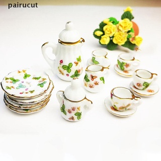 [pairucut] 15Pcs/set 1:12 Dollhouse Miniature Tableware Porcelain Ceramic Tea Set Cups .