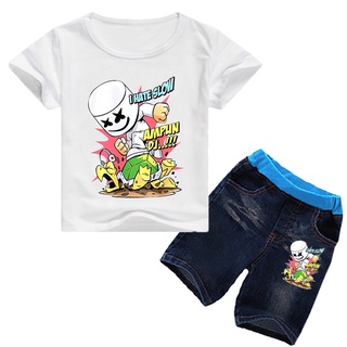 Marshmello niños traje de los niños traje de niño traje de bebé traje de niños camiseta niños pantalones cortos de mezclilla (2)