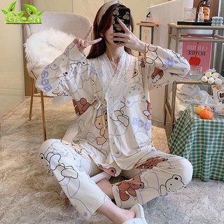 [en Stock] mujeres embarazadas kimono encaje delgado pantalones de manga larga de dos piezas pijamas 2021 nuevo absorbente de sudor posparto enfermería ropa de hogar (1)