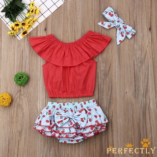 Pft7-Zz conjunto de ropa para niños niña, sin mangas de Color sólido con volantes de cuello Crop Tops con cereza impreso triángulo pantalones cortos y diadema