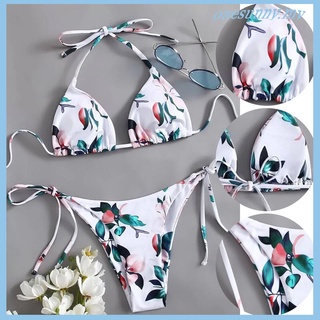 traje de baño de bikini dividido de tres puntos con estampado de hojas sexy para mujer
