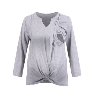Otoño e invierno ropa de maternidad Super fresco dobladillo de algodón trenzado de nueve cuartos de manga de lactancia materna camiseta de maternidad top