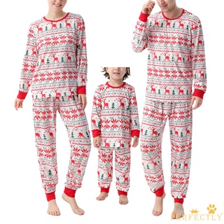 Pft7-pijamas de la familia de la navidad de coincidencia de pijamas, impresión de alce de manga larga cuello redondo Tops con pantalones