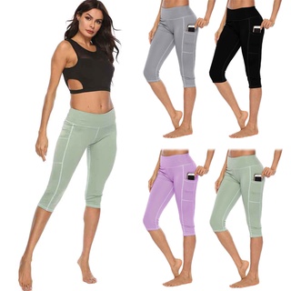 huashian mujeres bolsillos laterales cintura alta elástica Yoga deporte Running pantalones cortos flacos