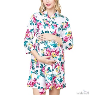 Laa8-traje de maternidad, estampado de flores, cuello en V, manga de codo con cinturón+manta de envolver+diadema para embarazadas (9)