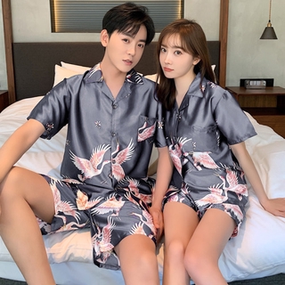Grúa pareja pijamas más el tamaño de 3 colores cómodo Unisex ropa de dormir hombres mujeres Baju Tidur Wanita seda satén pijamas conjunto de manga corta ropa de dormir para los amantes (2)