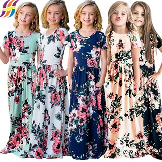 Girls Short Sleeve Loose Floral Print Beach Dress