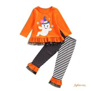 ng-baby girl tops pantalones traje, halloween manga larga cuello redondo volantes rayas