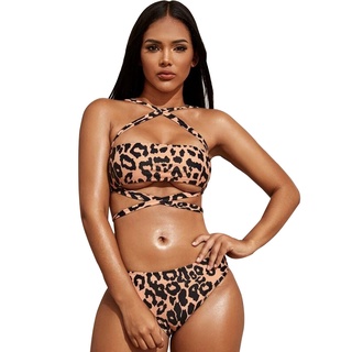 Conjunto De Bikini De Leopardo Para Mujer Sexy Halter Cross Vendaje Push Up Bañadores (L)