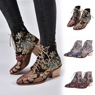 botines bordados vintage para mujer/botas de tobillo de tacón grueso medio puntiagudas