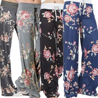 *LHE Women Floral Print Wide Leg Pants Loose Ladies Summer Ankle Length Trousers