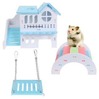 Protectionubest CNSJ 3 Pcs Lovely Hamster Play Toys, Wooden Hamster House & Rainbow Bridge & Swing, Small Animal Hideout Hamster House with Funny Climbing Ladder Exercise Toys Two Layers Hut for Small Pets NPQ