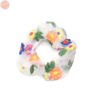 Summer Chic Hair Tie Colorful Flower Embroidery Hair Scrunchie Women Girls Mesh Ponytail Holder Rubber Band