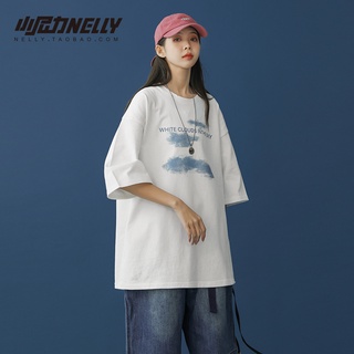 Xiao Nili 2021 primavera y verano nuevo producto marca de mareas impresión de nubes camiseta de manga corta hombres y mujeres camiseta suelta de marea de media manga con cuello redondo
