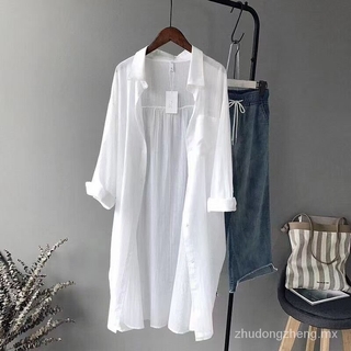 Camisa blanca de manga larga para mujer de verano nuevo cárdigan de longitud media ropa de abrigo fina Casual suelta cómoda camisa de algodón de protección solar