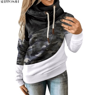 alepposave Fashion Women Color Block Patchwork Long Sleeve Warm Hooded Hoodie Pullover Top