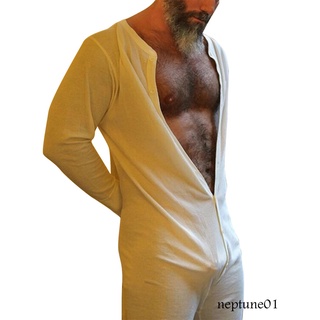 NT-hombre Sexy de una sola pieza pijamas de Color sólido de manga larga botones peleles ropa de dormir