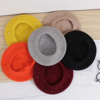 Mujeres moda cálida perla lana boina francesa/imitación cachemira colores sólidos boina sombrero gorras (7)