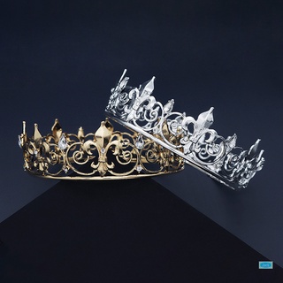 Vintage Royal completo redondo corona barroca aleación Rhinestone Tiaras dama de honor rey diadema para mujeres hombres (3)