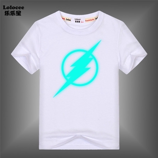 dc comics flash niños símbolo t-shirt brillo en la oscuridad ropa de verano de manga corta de algodón tops para niños (2)