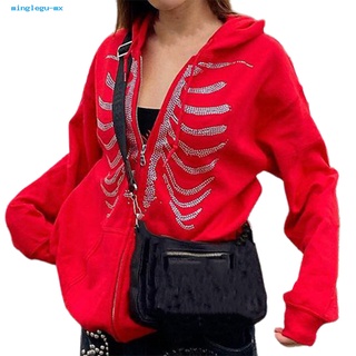 MU Goth Hoodie Skeleton Pattern Lady Jacket Hooded for Autumn