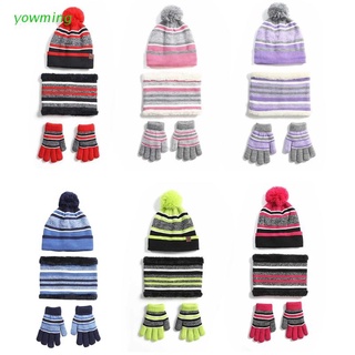 yowming niños invierno punto 3Pcs Beanie sombrero bufanda guantes conjunto de Color contraste rayas gruesa felpa forrada Pompom cráneo gorra cuello calentador