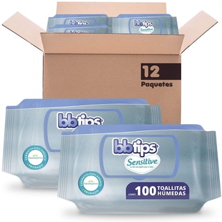 BBtips Sensitive Toallitas Húmedas, Caja con 12 paquetes x 100 piezas, 1200 toallitas