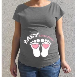 Round Neck Short Sleeve Basic Top Baby Footprint Letters Print T Shirt Pregnancy Maternity Shirt for Pregnant Women