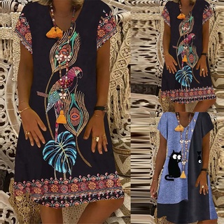 Women Summer V-neck Folk-custom Floral Print Loose Short-sleeved Dresses